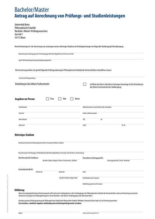 Formular Antrag auf Anrechnung von Prüfungs- und Studienleistungen aus dem Ausland