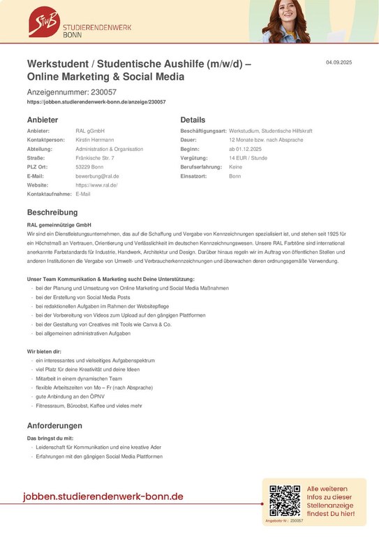 Ausschreibung RAL Werkstudent Online Marketing & Social Media